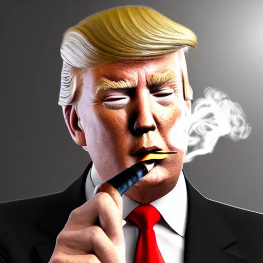 Image similar to a high quality photo of donald trump smoking a cigar, 3d scene, render, ultra realistic, artstation, cgsociety