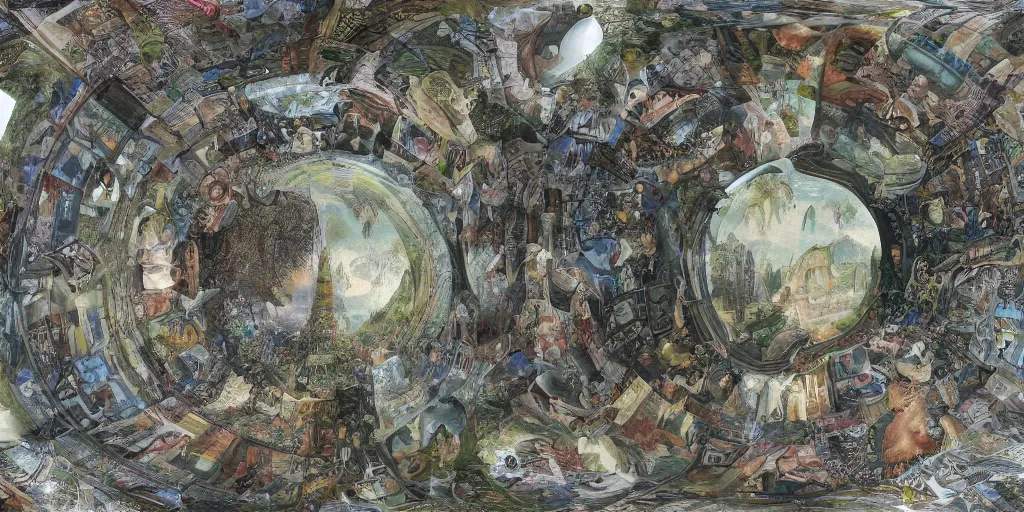 Image similar to multilayer 4 k photorealistic full color gradient pattern of escher style 3 6 0 panorama with hieronymus bosch style bubbles, unfinished, very detailed