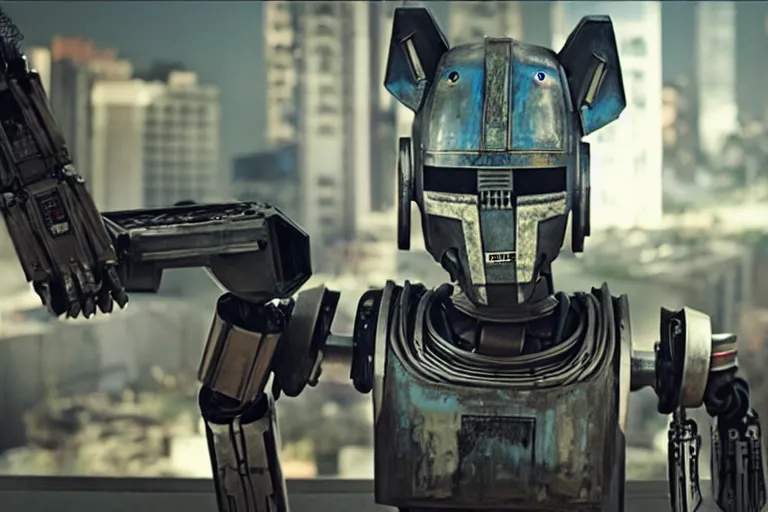 Image similar to film still from the movie chappie of the robot chappie furry anthro anthropomorphic stylized cat ears head android service droid robot machine fursona