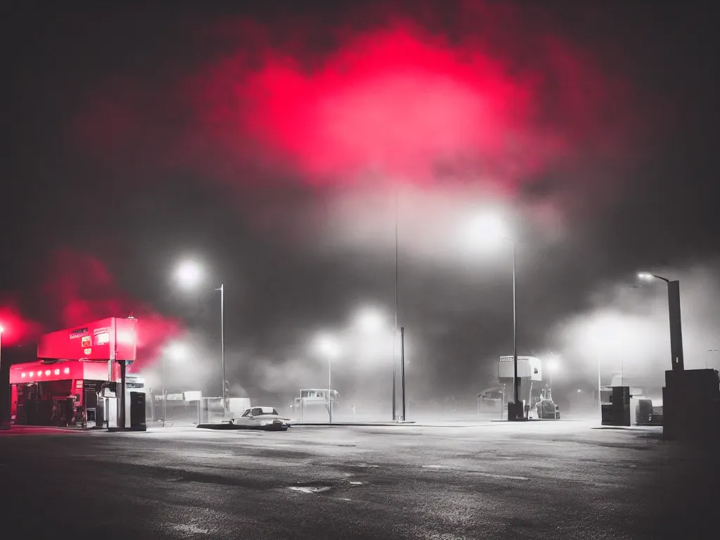 Image similar to “photography of gas station , fog, red lights, night, mood, atmospheric, full of colour, digital photography”