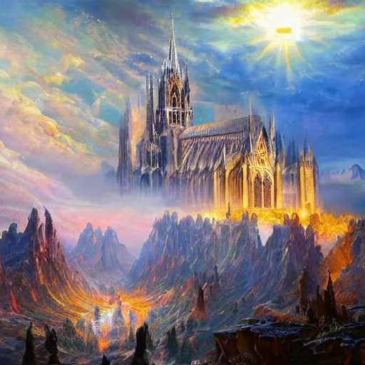 Prompt: highly detailed oil painting, masterpiece, gothic cathedral on top of a mountain, fantasy, hell fire and sky, above view, top lighting, realistic shaded,