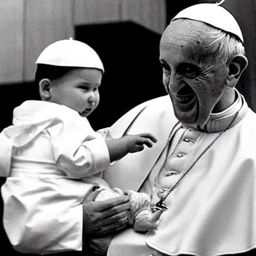 Image similar to the pope caught stealing a baby in cctv security footage black and white