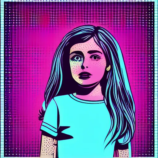 Image similar to a portrait of little girl in retro colors, synthwave style, 2 d digital vector art