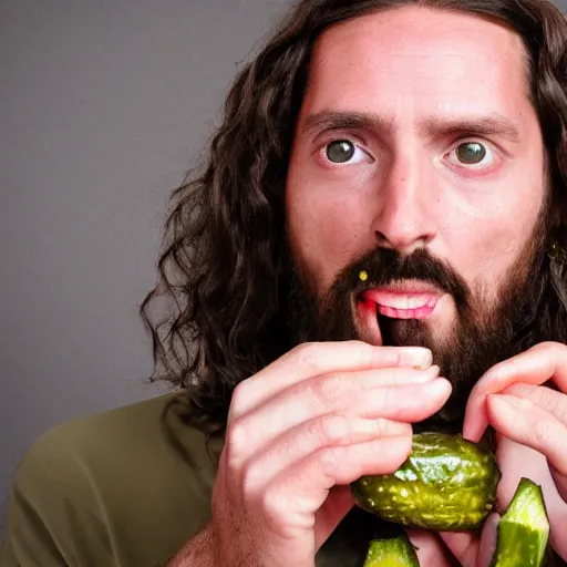 Image similar to sweaty jesus eating a wet pickle and staring into the camera expectantly, professional photograph, highly detailed