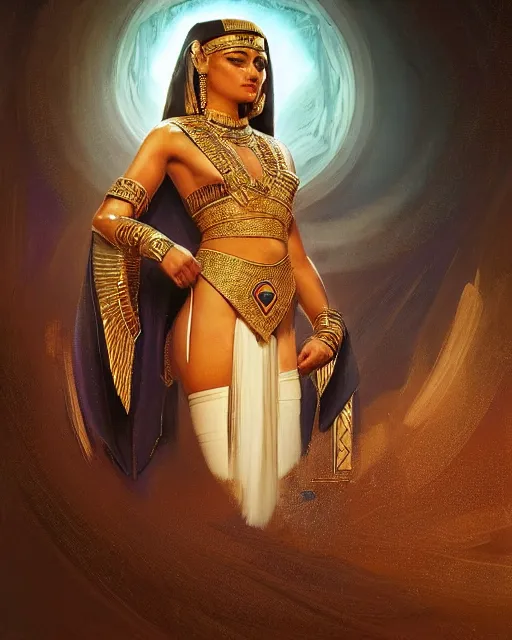 Image similar to Jessica Kahawaty as a beautiful egyptian princess, gorgeous, portrait, Symmetrical, powerful, intricate, beautiful, masterpiece, elegant, volumetric lighting, back lighting, dramatic lighting, highly detailed, artstation, sharp focus, illustration, Artgerm, Jean-Léon Gérôme , ruan jia