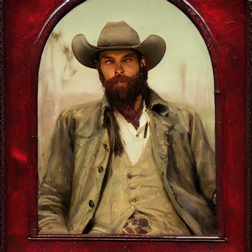 Prompt: Solomon Joseph Solomon and Richard Schmid and Jeremy Lipking victorian genre painting portrait painting of Hank Williams Sr a rugged cowboy gunfighter old west character in fantasy costume, red background