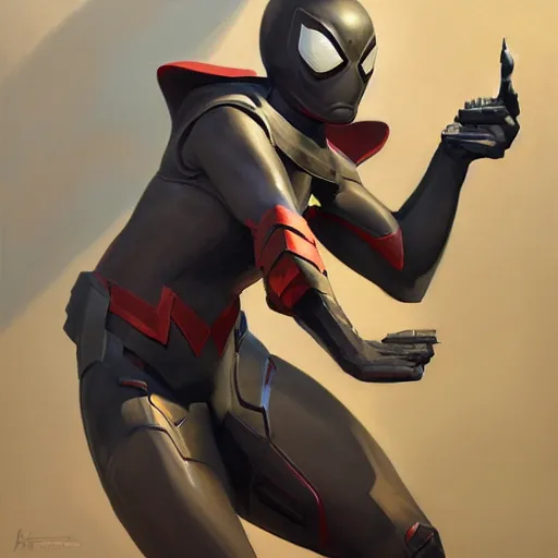 Image similar to greg manchess portrait painting of an armored dark liquid iron spiderman as overwatch character, medium shot, asymmetrical, profile picture, organic painting, sunny day, matte painting, bold shapes, hard edges, street art, trending on artstation, by huang guangjian, gil elvgren, ruan jia, greg rutkowski, gaston bussiere