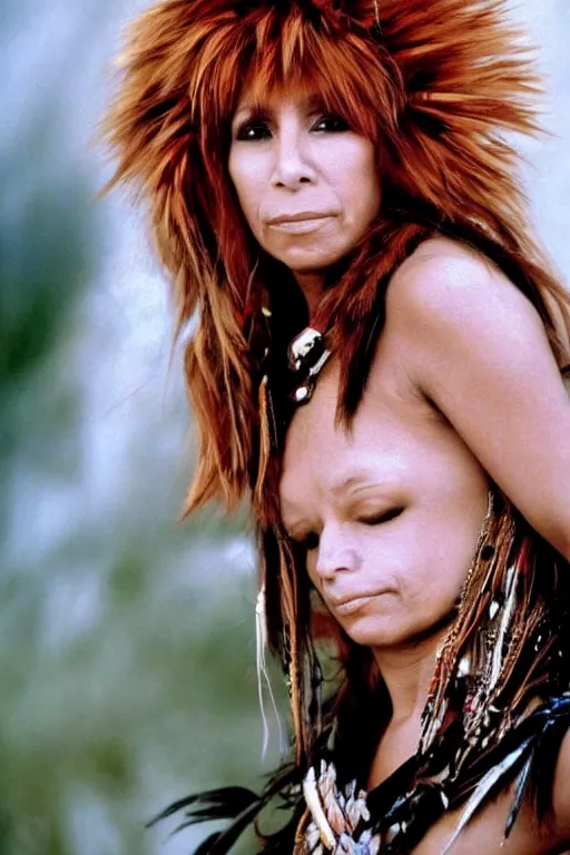 Image similar to Photo of Native American indian woman Mylene Farmer, portrait, skilled warrior of the Apache, ancient, realistic, detailed, Mylene Farmer