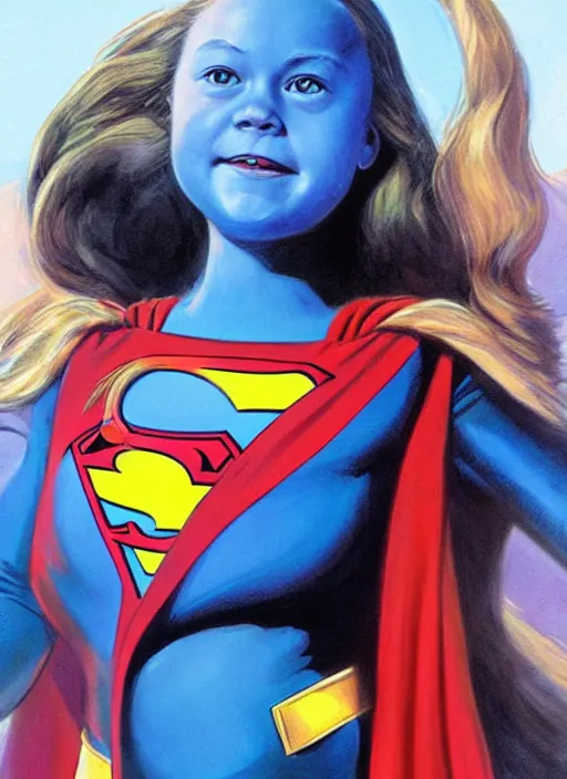 Image similar to greta thunberg as supergirl, artwork by earl norem, detailed digital art, trending on Artstation