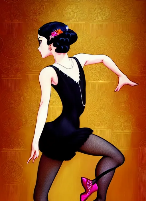 Image similar to a beautiful dancer with black hair in 1930's fashion, ballroom background, intricate, highly detailed, digital painting, artstation, official media, anime key visual, concept art, rich vivid colors, ambient lighting, sharp focus, illustration, art by Artgerm, Makoto Shinkai, Ilya Kuvshinov, Lois Van Baarle, and Rossdraws