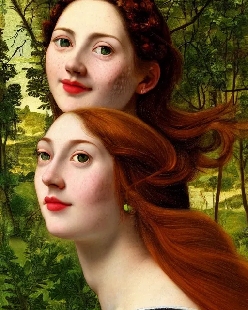 Prompt: a happy, modern looking young woman looking over shoulder, wonderful detailed dress, among the lights of golden fireflies and nature, long loose red hair, intricate details, green eyes, small nose with freckles, triangle shape face, smiling, golden ratio, high contrast, hyper realistic digital art by artemisia lomi gentileschi and caravaggio and artgerm.