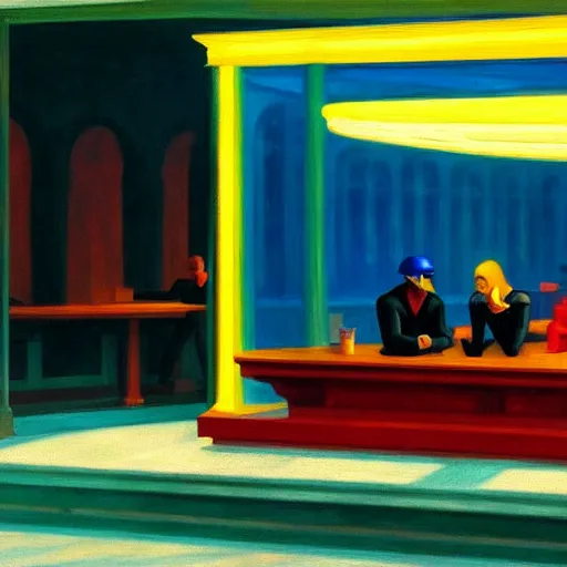 Image similar to Nighthawks by Edward Hopper, cyberpunk, HD,