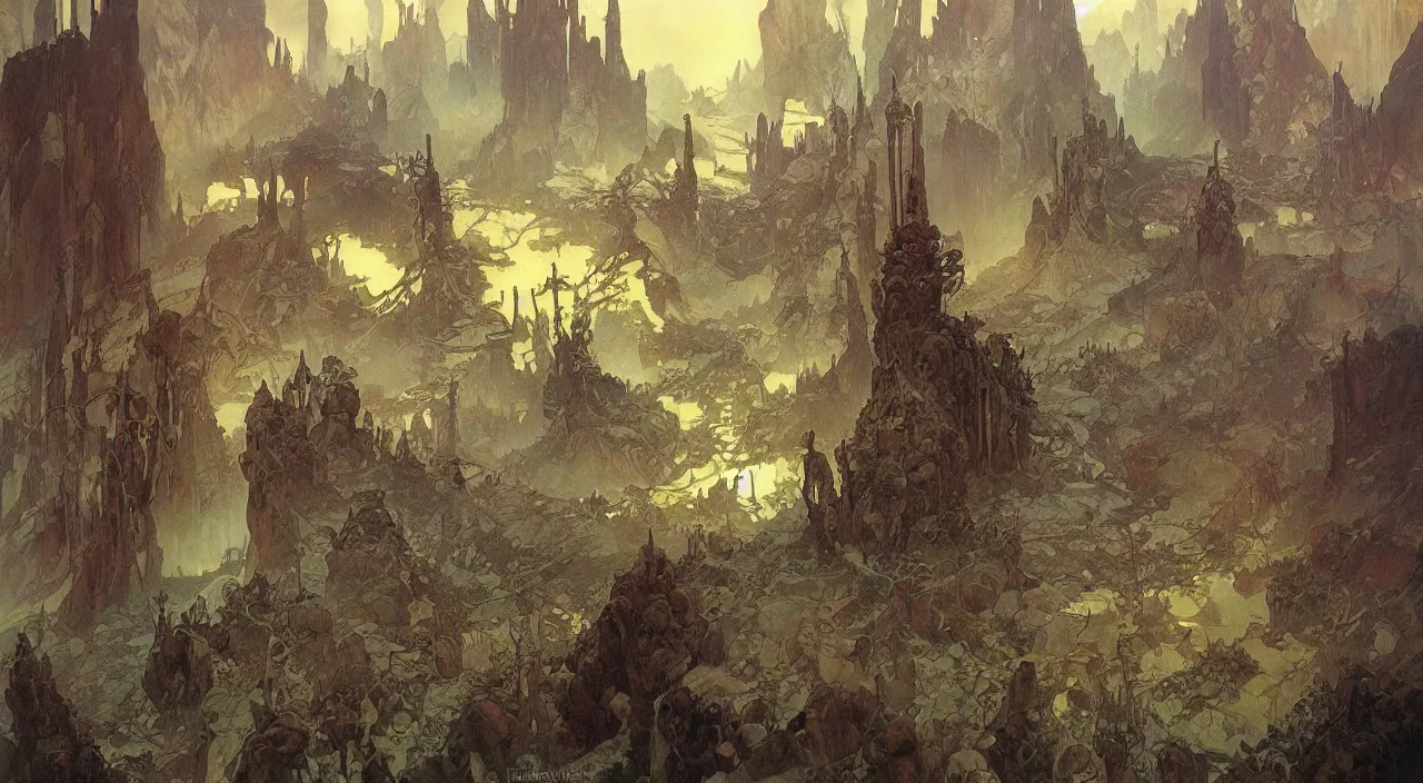 Prompt: A beautiful landscape painting of dystopian future by Alfons Maria Mucha and Yoshitaka Amano and ted nasmith