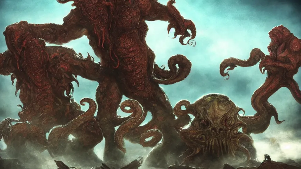 Image similar to chuck norris Fight with the giants cthulhu, cgi, trending artstation