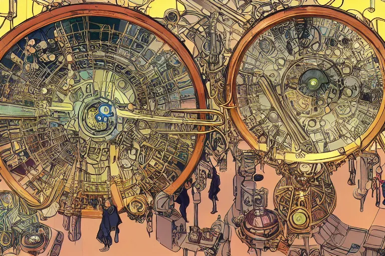 Image similar to top view on steampunk lab with big vapor tubes and alchemy equipment, kid and mad scientist working, giant video screens, sci - fi vending machine, clock, retrofuturism, concept art by mucha and moebius and victo ngai, clean line, diesel punk