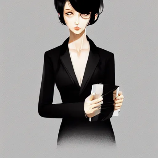 Image similar to slim girl in tuxedo with short black hair, elegant, 2d, ultra highly detailed, digital painting, smooth, sharp focus, artstation, art by Ilya Kuvshinov