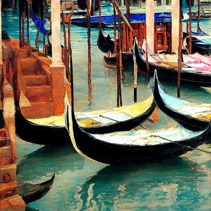 Image similar to venetian gondolas in the style of vrubel, pastel colors, chiaroscuro, bleached colors, cold shades, perfect beautiful, palette knife