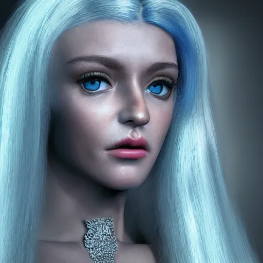 Prompt: “hyperrealistic ultra detailed unreal engine 5 RTX raytracing nvidia hairworks render of portrait of the most beutiful girl with blue eyes and white hair. She is in heavens garden. She has amazing silver jevelery. Nose piercing. Latex dress . Ultra realistic face Rainbow. Trending art station. Grymes inspires. Wonderful landscape on the background”