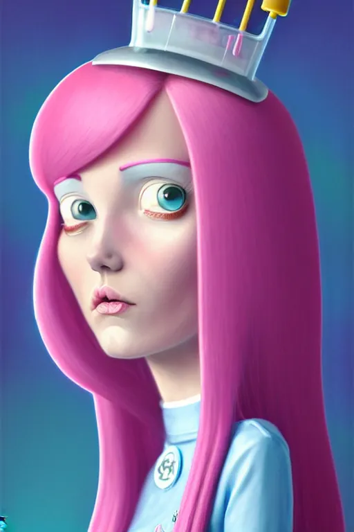 Image similar to highly detailed, industrial photography, profile view of adult princess bubblegum from adventure time, working in her science lab, wearing lab coat, long bubblegum hair, long straight bangs, confident, beautiful, attractive, illustration concept art by nicoletta ceccoli, mark ryden, lostfish, detailed and intricate environment, 8 k resolution, hyperrealistic, octane render