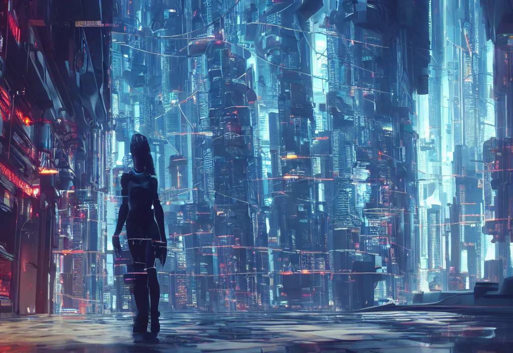 Prompt: shot of film by cyberpunk syle, human like a cyborg full body in detailed data center is the universe, character design, symmetrical, vivid color, complementary color, golden ratio, detailed, sharp lines, trending on artstation, volumetric lighting, dramatic lighting by yoichi hatakenaka, by masamune shirow, by josan gonzales, octane render