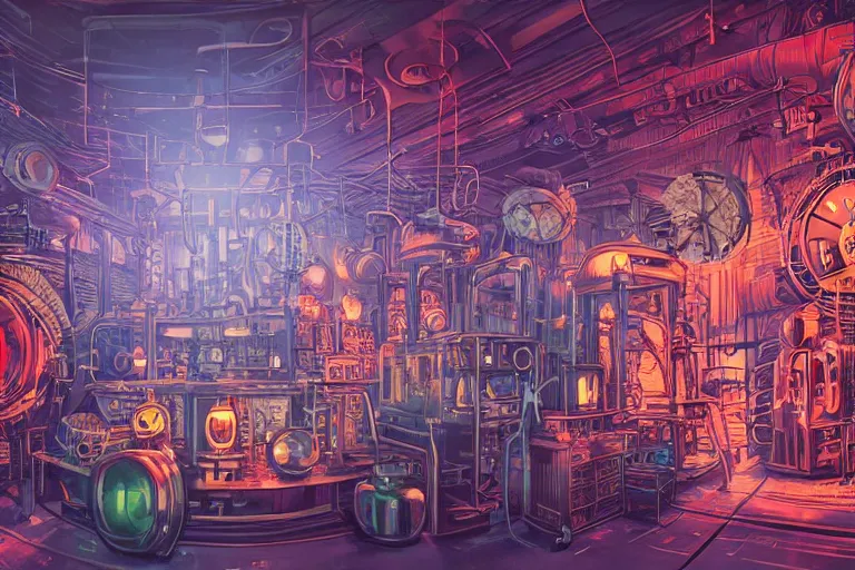 Prompt: wide angle on mad steampunk laboratory filled with alchemy equipment, pespective, giant screens, sci - fi vending machine, art by victo ngai, dynamic light, volumetric light, neon lights, cinematic mood