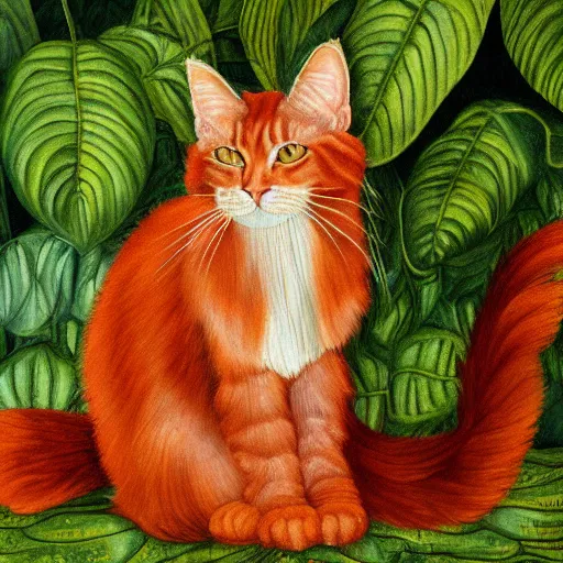 Prompt: a reneissance painting of a red maincoon cat among big green leaves, very detailed, in the style of mantegna