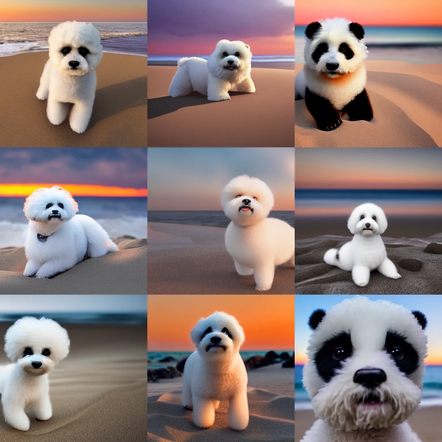 Prompt: a closeup photorealistic photograph of panda style white bichon frise on the beach at sunset. This 4K HD image is Trending on Artstation, featured on Behance, well-rendered, extra crisp, features intricate detail and the style of Unreal Engine.