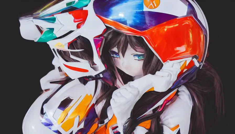 Image similar to extremely beautiful photo of a white marble statue of an anime girl with colorful motocross logos and motorcycle helmet with closed visor, colorful smoke in the background, carved marble statue, fine art, neon genesis evangelion, virgil abloh, offwhite, denoise, highly detailed, 8 k, hyperreal