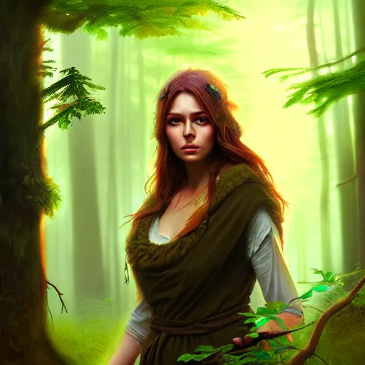 Image similar to a pretty female druid surrounded by forest animals, in the woods, hyper realistic, digital painting, photorealistic, in the style of greg rutkowski, detailed face