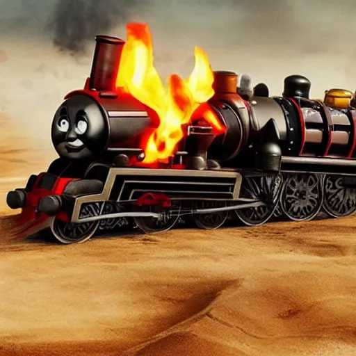 Image similar to evil chthonic Thomas the Tank Engine in the fiery Wasteland of MAD MAX: FURY ROAD