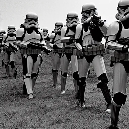 Image similar to star wars clone troopers offer aid to soldiers in vietnam, photo, old picture, lush landscape, field, firearms, war, bombs, explosions, x - wings, tie fighters, aerial combat, active battle zone, in trenches, star wars droid battle, jedi master, land mines, gunfire, grenades, violence, tanks, lasers