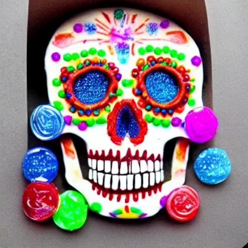 Image similar to a sugar skull made out of candy photo realistic hyper realism