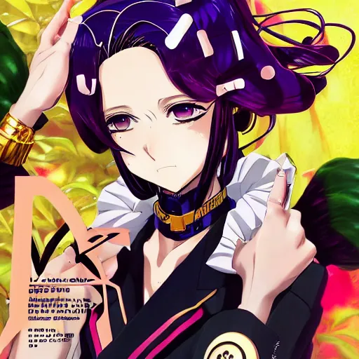 Image similar to Magazine Cover Anime key visual of a Gucci girl; official media; typography; drawn by Hirohiko Araki; Jojo's Bizarre Adventure; Jojolion, portrait, made by Stanley Artgerm Lau, WLOP, Rossdraws, James Jean, Andrei Riabovitchev, Marc Simonetti, Yoshitaka Amano, ArtStation