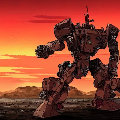 Image similar to anime style battlemech, post-apocalyptic, high-tech, hulking, wide shot, desert background, highly detailed, artstation, concept art, sharp focus, illustration, art by yoshiyuki tomino and magali villeneuve, red brown and blue color scheme