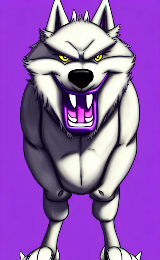 Prompt: painting of an anthropomorphic bulky muscular purple dog, furry style, wearing jeans, deviant art, fursona, professional furry drawing, insanely detailed, bulky husky dragon like face, doing a pose from jojo's bizarre adventure, detailed veiny muscles, exaggerated features, beautiful shading, huge white teeth, grinning, colorful background