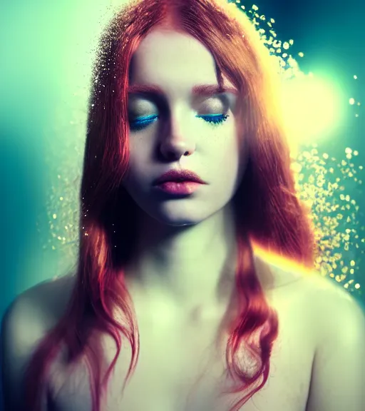 Prompt: dramatic lighting portrait of a beautiful! ethereal ginger young woman wearing shiny swarovski dress with wet hair. paint splashes. moody and melancholy. with a little bit of lens flare. digital art by beeple