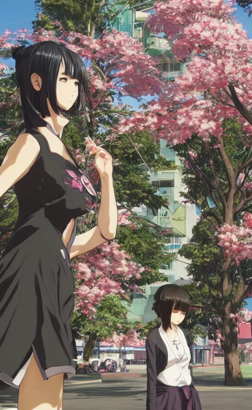 Prompt: anime style, gta 5, panoramic centered view of girl, girl in center, yukata clothing, sakura tree in background, short hair, hair down, symmetrical facial features, from arknights, hyper realistic, extreme detail, volumetric lights, 4 k drawing, safebooru, realistic lighting, by alphonse mucha, greg rutkowski, sharp focus, backlit