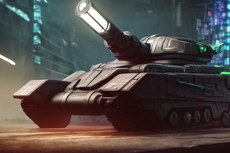 Image similar to cyberpunk alien concept inspired tank, futuristic look, highly detailed body, very powerful, photorealistic camera shot, bright studio setting, studio lighting, crisp quality and light reflections, unreal engine 5 quality render