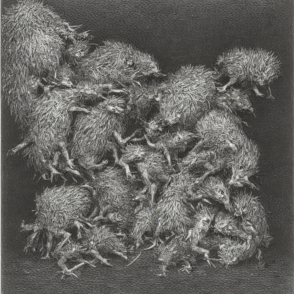 Prompt: hedgehogs biting each other, etching, engraving, Gustave Doré