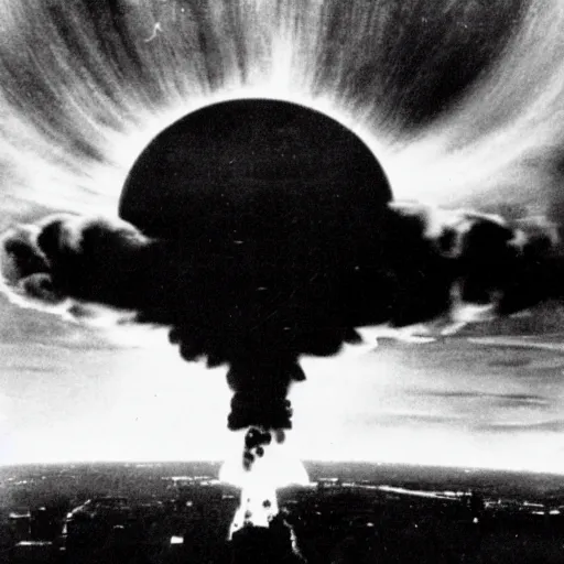 Image similar to atomic bomb exploding over a city. black and white photo