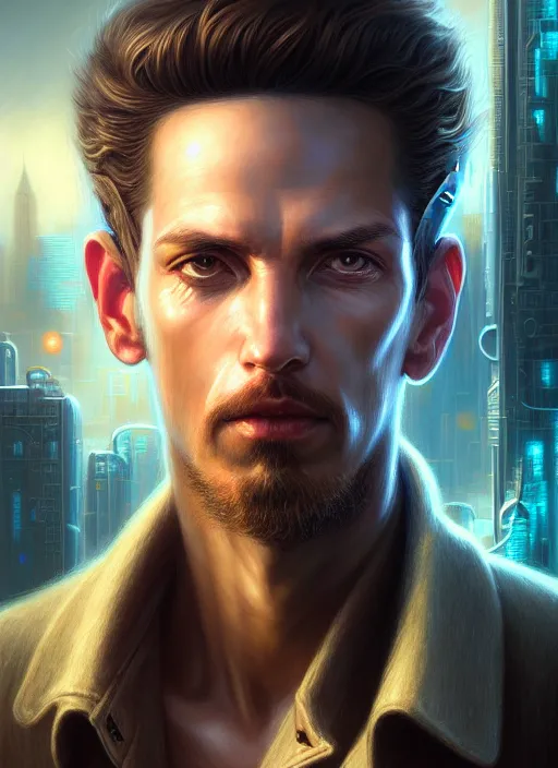 Prompt: closeup portrait shot of a male sleuth in a scenic cyberpunk environment, intricate, elegant, highly detailed, centered, digital painting, artstation, concept art, smooth, sharp focus, illustration, artgerm, tomasz alen kopera, peter mohrbacher, donato giancola, joseph christian leyendecker, wlop, boris vallejo