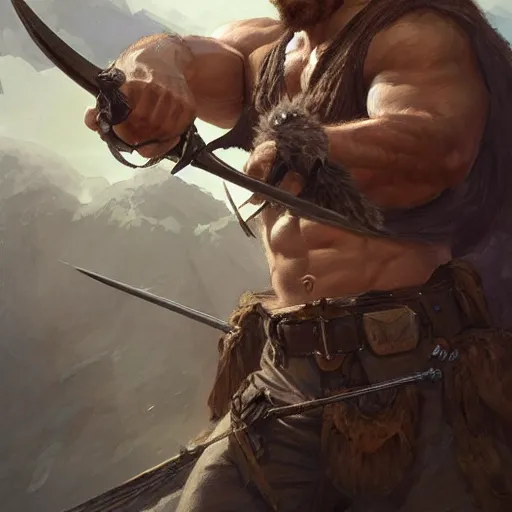 Prompt: portrait of a rugged ranger, muscular, upper body, sword, bow, D&D, fantasy, intricate, elegant, highly detailed, digital painting, artstation, concept art, smooth, sharp focus, illustration, art by artgerm and Greg Rutkowski and Alphonse Mucha