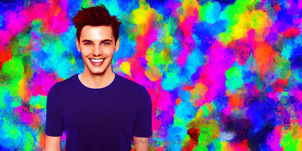 Prompt: most handsome beautiful young man smiling, digital art, colourful background, digital art, seductive.