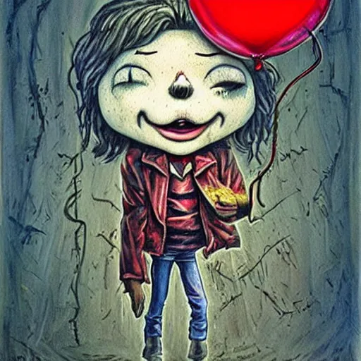 Image similar to grunge painting of stranger things with a wide smile and a red balloon by chris leib, loony toons style, pennywise style, corpse bride style, horror theme, detailed, elegant, intricate