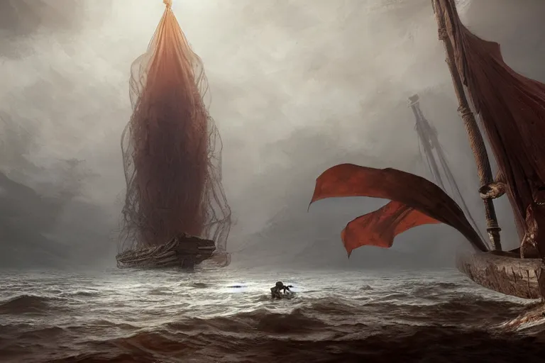 Image similar to an ancient egyptian papyrus boat sails on a primordial sea of chaos and a hideous frog headed deity Kek by Jessica Rossier and HR Giger