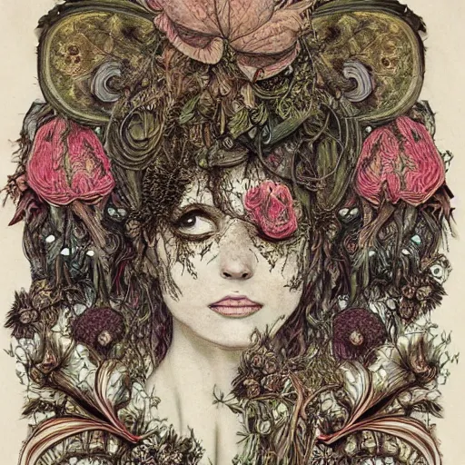 Prompt: a beautiful detailed front view portrait of a rotten woman corpse with fractal plants and fractal flowers and mushrooms growing around, intricate, symmetrical, ornate, ornamentation, illustration, in the style of art nouveau