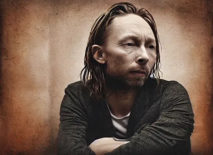 Image similar to beautiful photograph of print of thom yorke picture on a table, hyper realistic, variations of thom yorke, forest, high quality photograph, mixed styles, intricate details, diverse colors, deep emotional impact