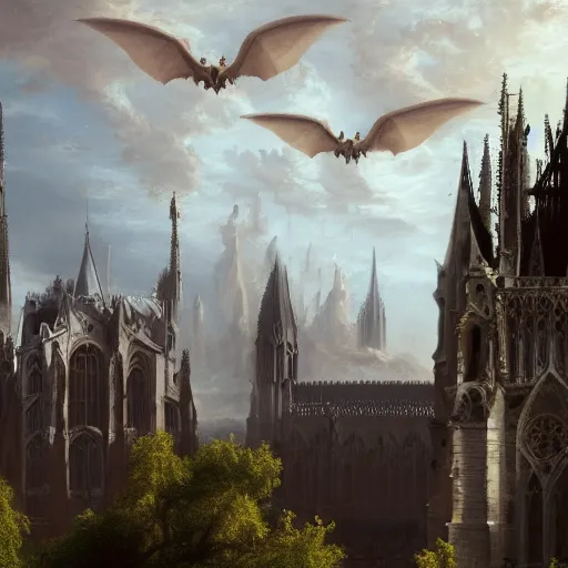 Prompt: semi cloudy day in gothic Paris , gargoyles flying in the air, old gothic French architecture, painting by Thomas Cole, award winning concept art, trending on Artstation, 8k, 4K