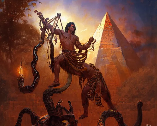 Image similar to muscular male aztec deity, casting aztec magic, summoning handsome panther night star. ritual pyramidic magic. highly detailed painting by gaston bussiere, craig mullins, j. c. leyendecker 8 k