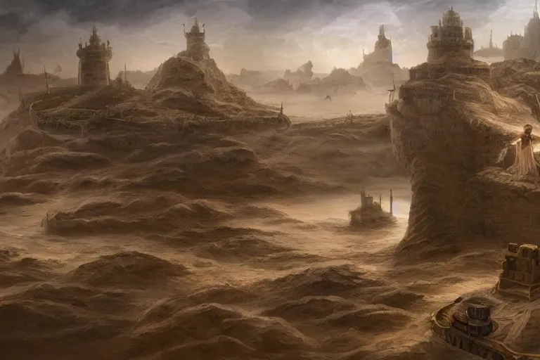 Prompt: a land outside of time and space with floating sands and flying beasts with a Fort in the middle and water tunnels below, a man standing watching over, realistic